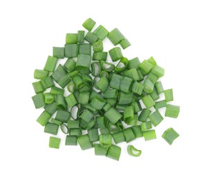 Photo of Chopped fresh green onions on white background, top view