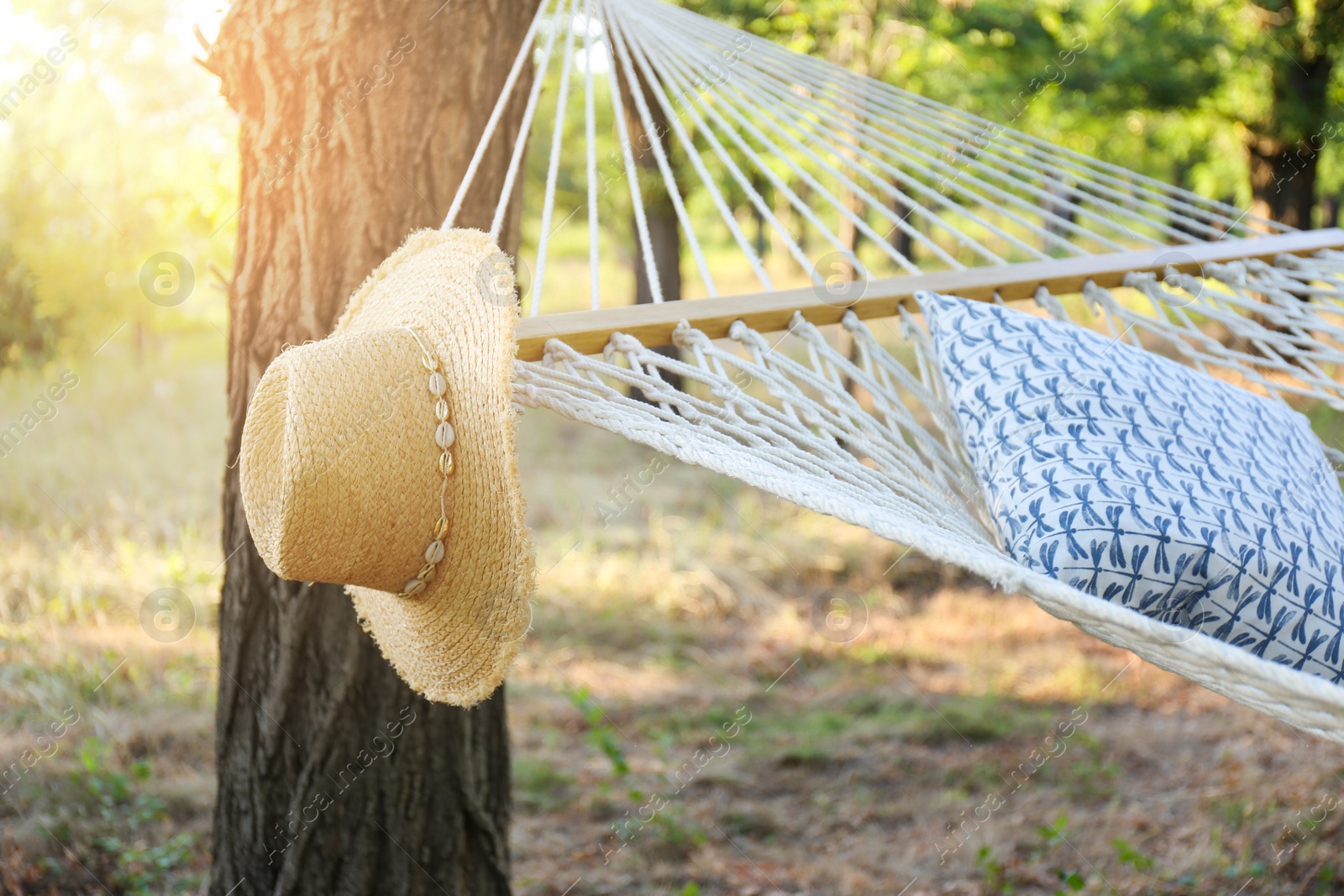 Photo of Comfortable net hammock and hat at green garden, closeup