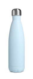 Photo of Stylish closed light blue thermo bottle with water drops isolated on white