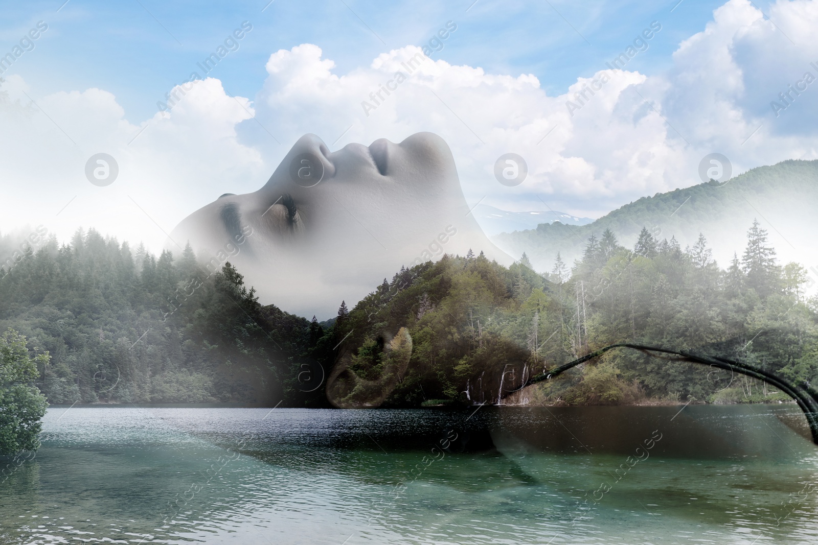 Image of Double exposure of beautiful woman and mountain landscape