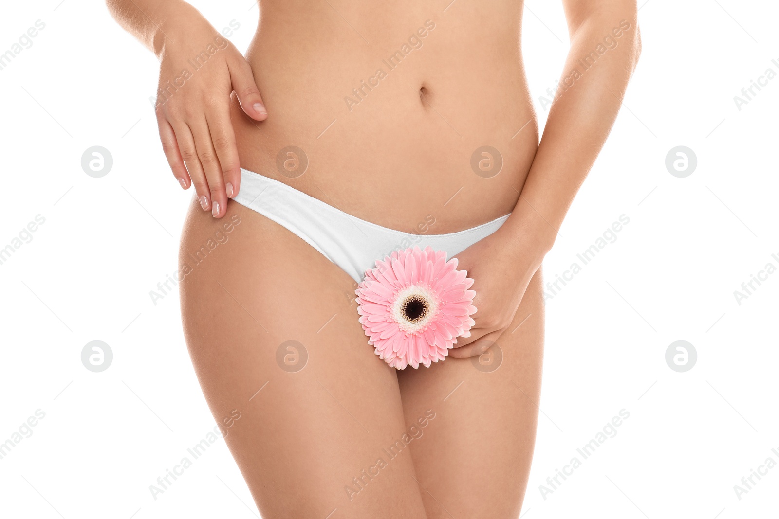 Photo of Woman with gerbera showing smooth skin on white background, closeup. Brazilian bikini epilation