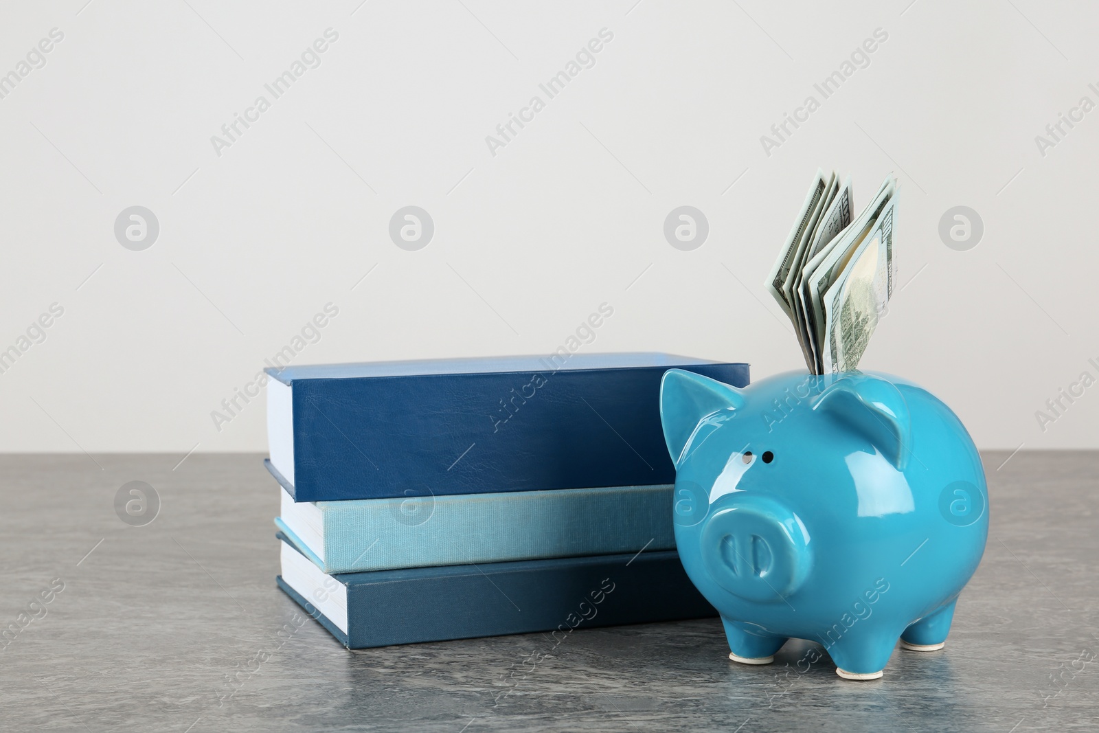 Photo of Piggy bank with dollars and books on table against white background