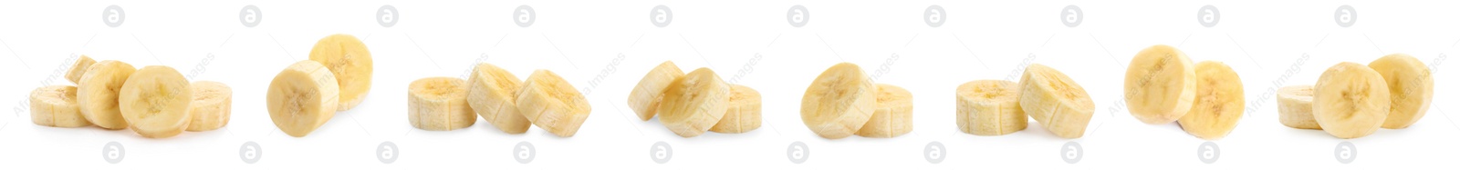 Image of Pieces of tasty ripe banana on white background, collage. Banner design