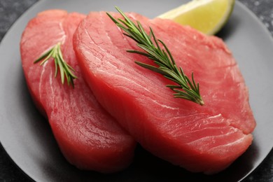 Photo of Raw tuna fillets with rosemary on plate, closeup