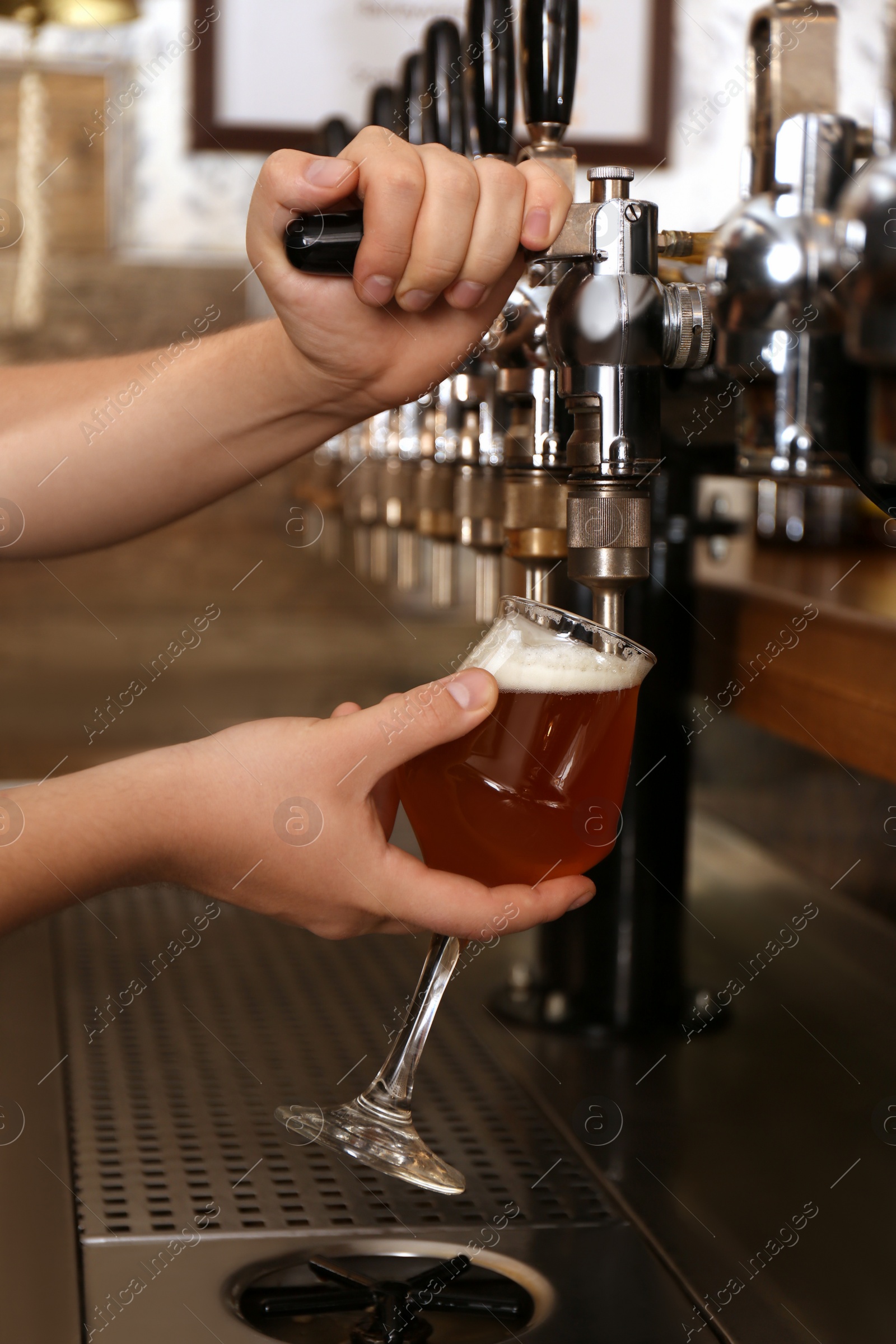 Photo of Bartender pouring fresh beer into glass in pub, closeup