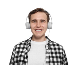 Handsome young man with headphones on white background