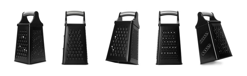 Image of Black graters on white background, collage. Banner design 