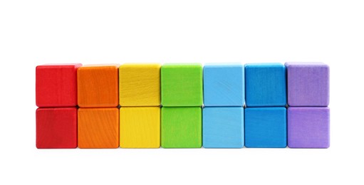 Photo of Many colorful cubes isolated on white. Children's toys