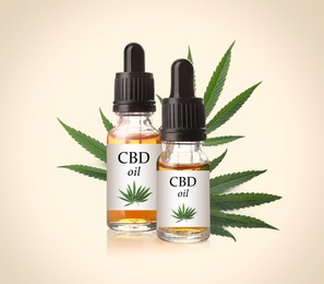 Image of Bottles of cannabidiol tincture and hemp leaves on beige background
