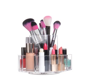 Photo of Set of makeup cosmetic products in organizer on white background