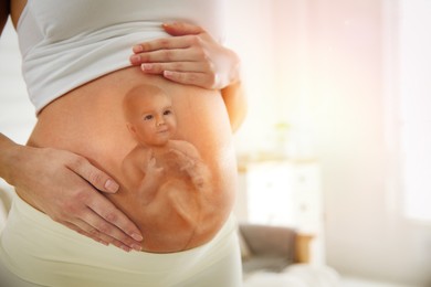 Image of Pregnant woman and baby at home, closeup view of belly. Double exposure