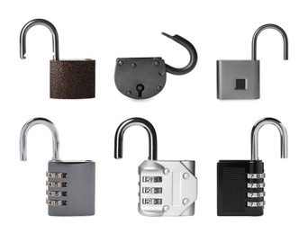 Image of Different padlocks isolated on white, set of photos