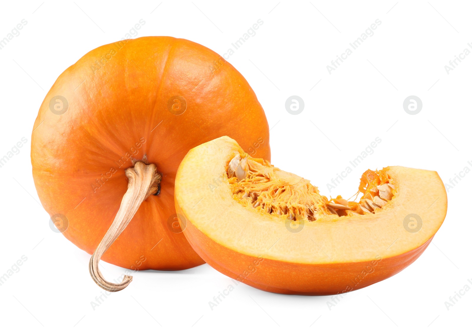 Photo of Whole and cut fresh ripe pumpkins isolated on white