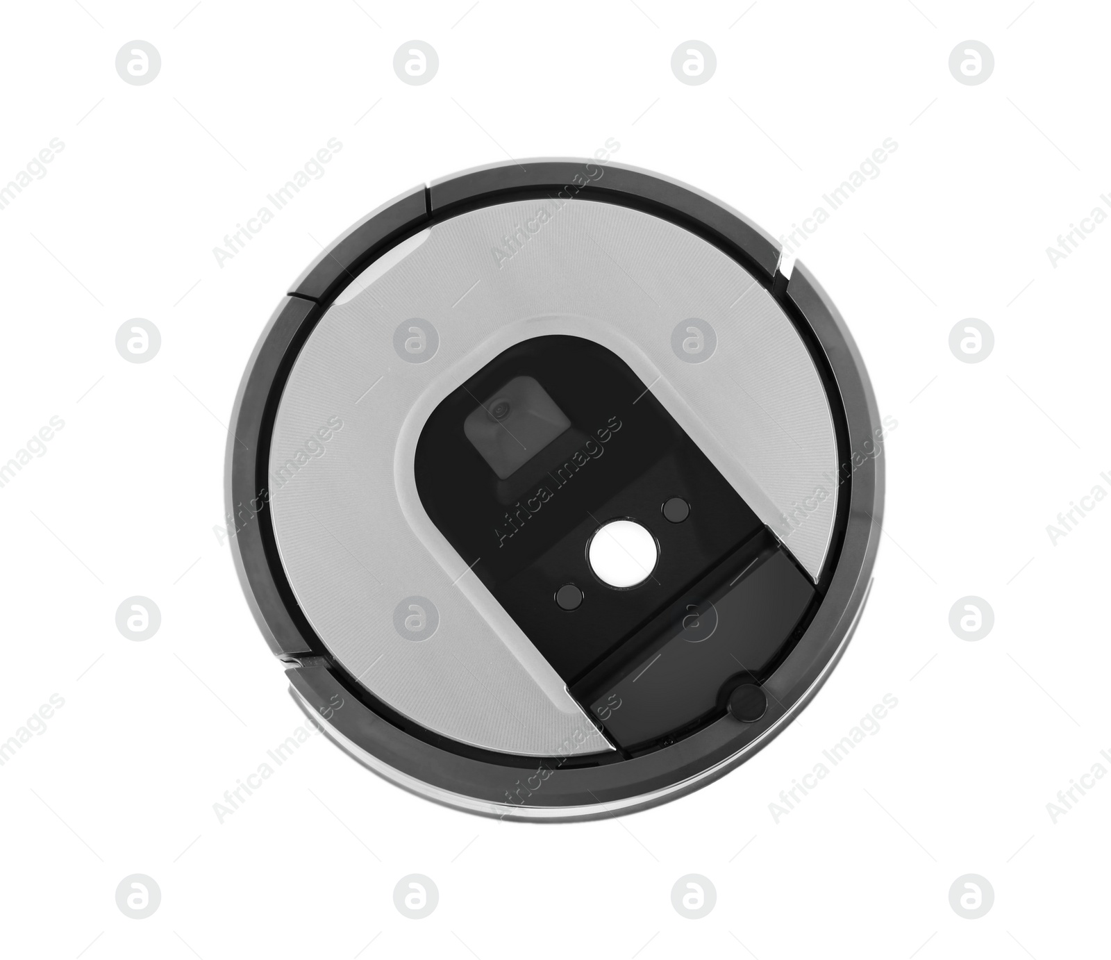 Photo of Modern robotic vacuum cleaner isolated on white, top view