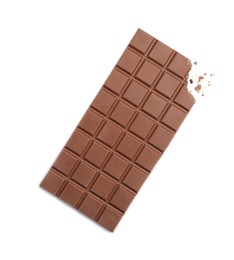 Photo of Bitten milk chocolate bar isolated on white, top view