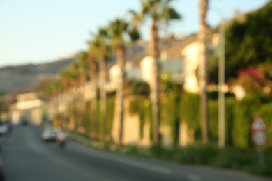 Photo of Blurred view of palm trees growing near road in city