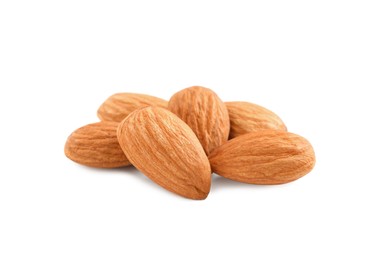 Photo of Organic almond nuts on white background. Healthy snack