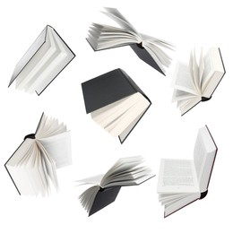 Image of Many hardcover books falling on white background