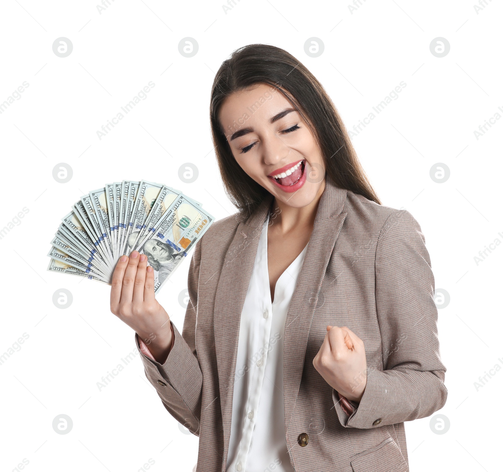 Photo of Portrait of happy young businesswoman with money on white background
