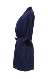 Image of Dark blue silk bathrobe isolated on white, side view