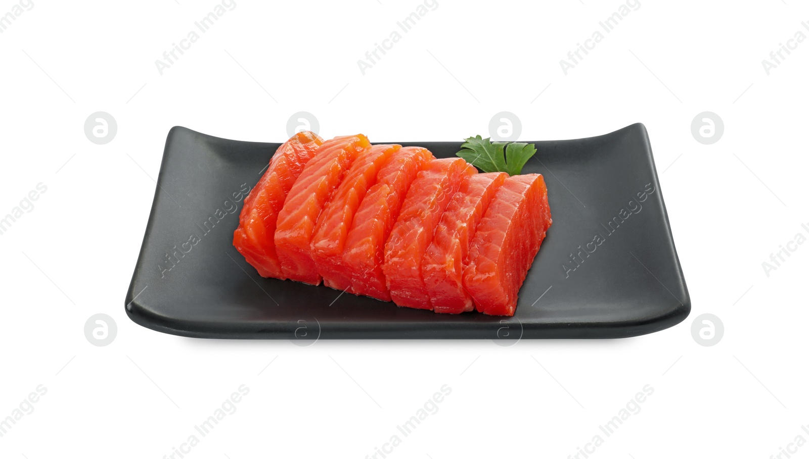 Photo of Tasty sashimi (slices of raw salmon) served with parsley isolated on white