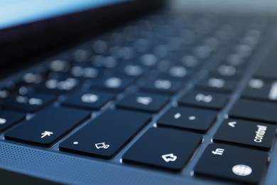 Keyboard of laptop, closeup view. Modern technology
