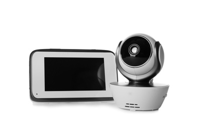 Photo of Baby monitor and camera isolated on white. CCTV equipment