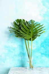 Photo of Vase with tropical monstera leaves on table near color wall