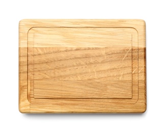 Photo of Empty wooden board isolated on white, top view