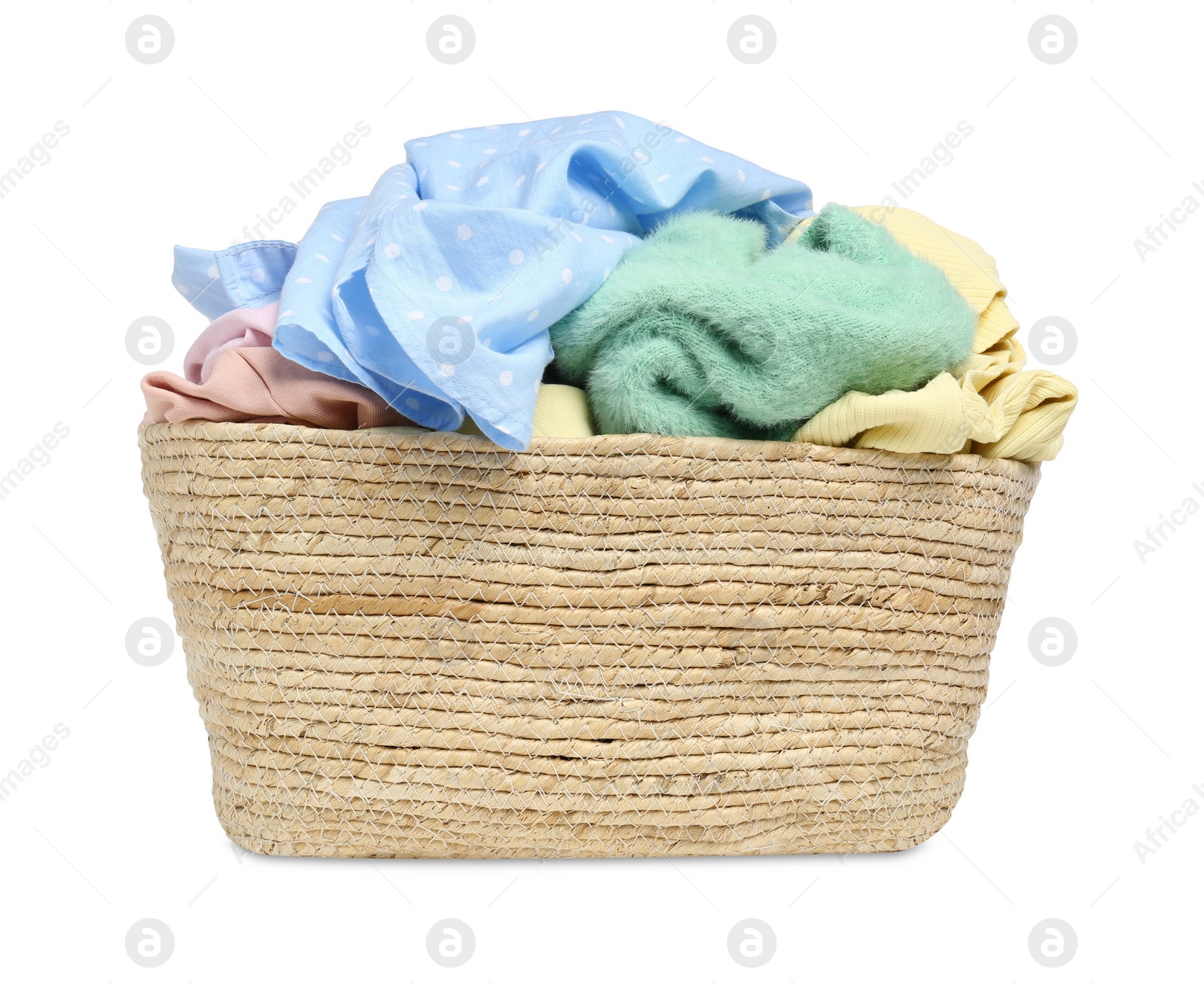 Photo of Wicker laundry basket with clean colorful clothes isolated on white