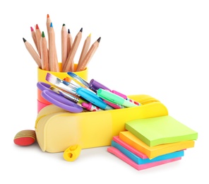 Photo of Set of colorful school stationery on white background