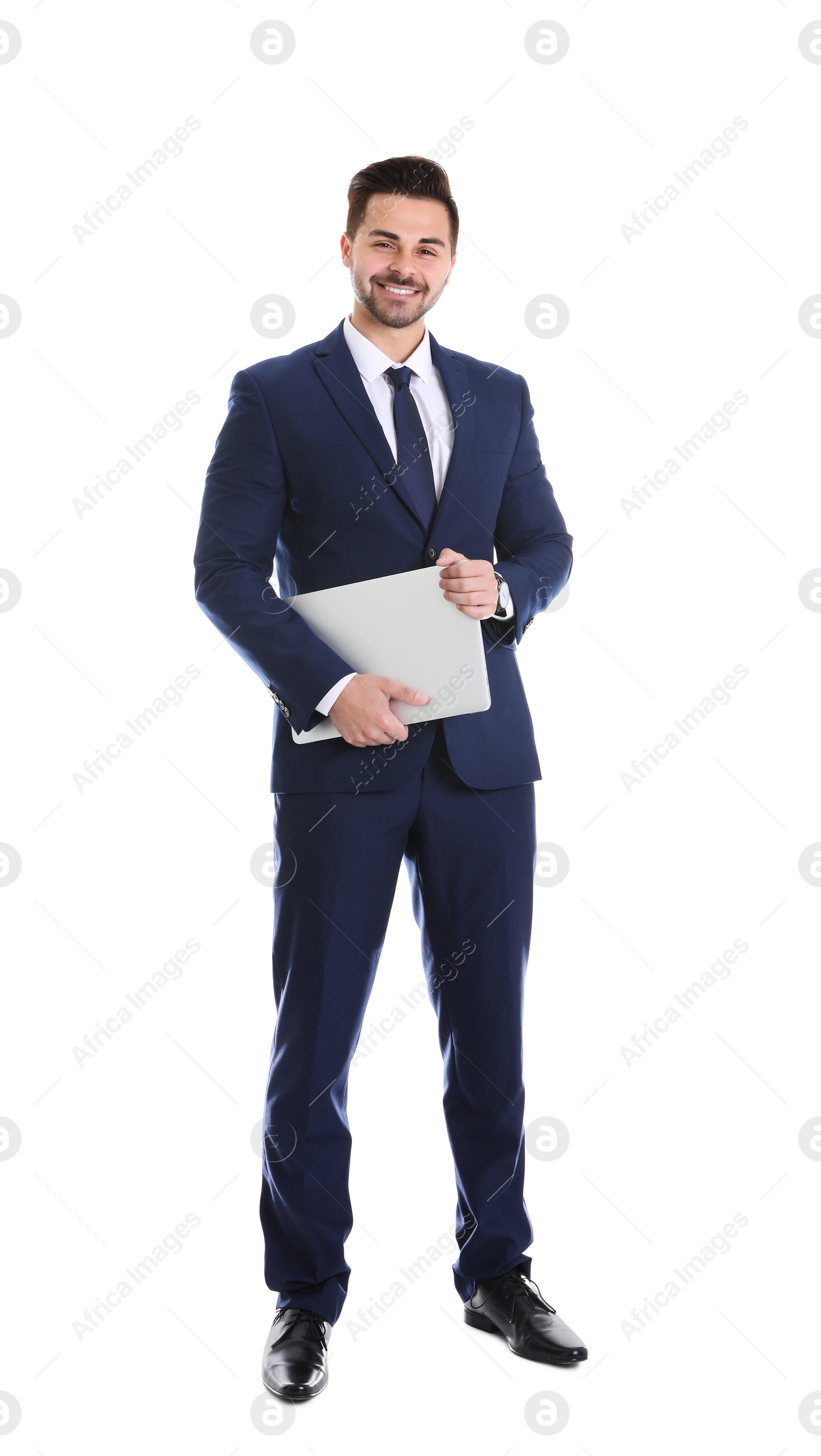 Photo of Young man with laptop on white background