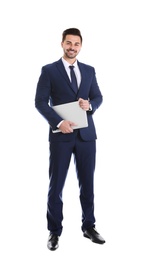 Photo of Young man with laptop on white background