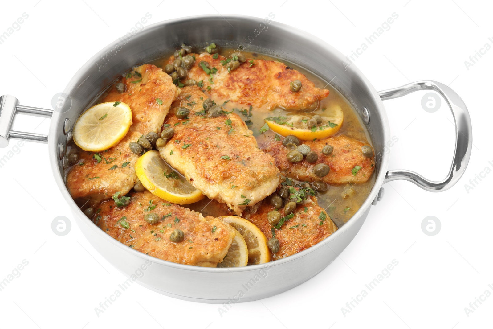 Photo of Delicious chicken piccata in pot isolated on white