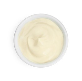 Photo of Fresh mayonnaise sauce in bowl isolated on white, top view