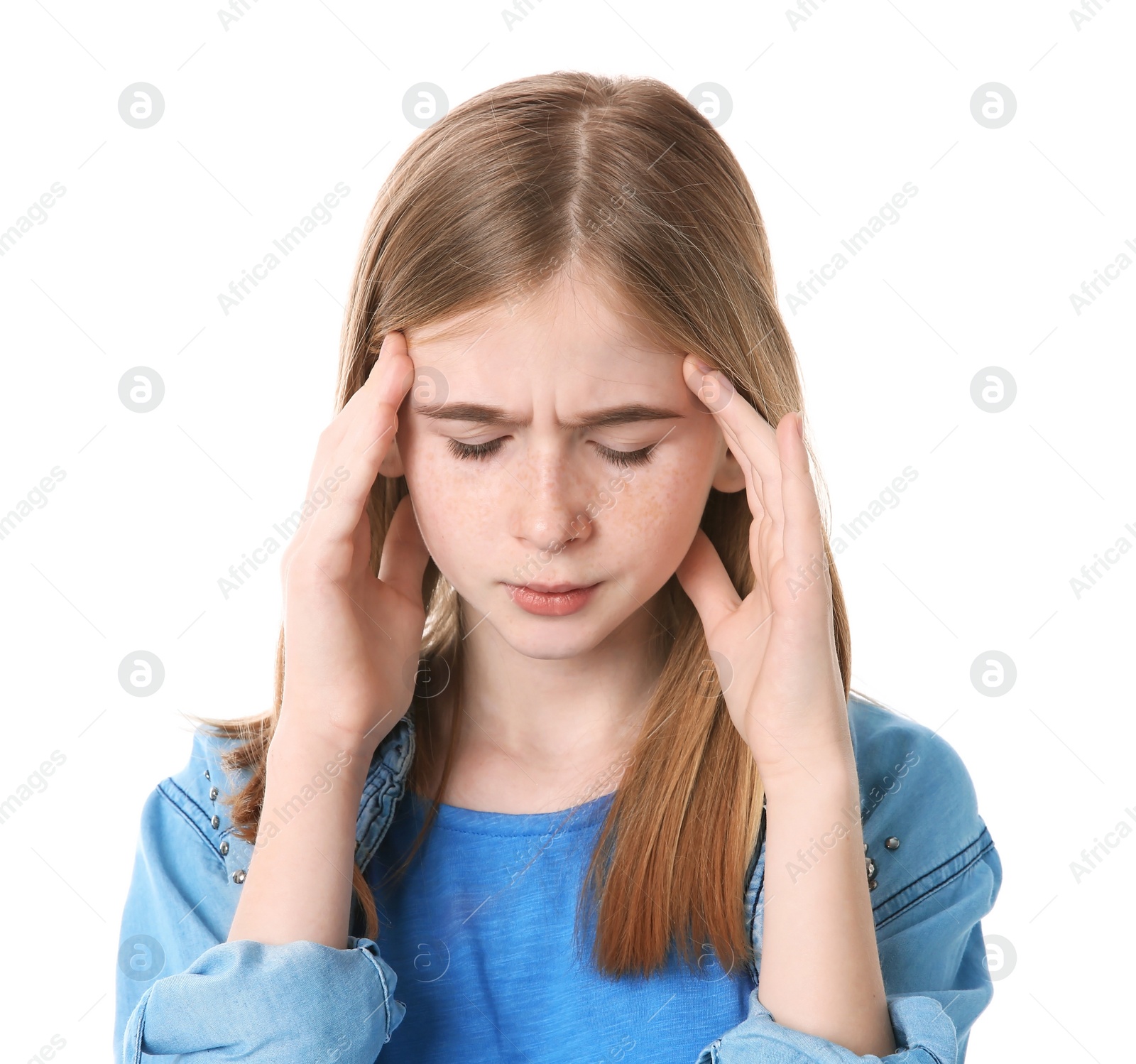 Photo of Teenage girl suffering from headache on white background