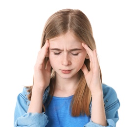 Photo of Teenage girl suffering from headache on white background