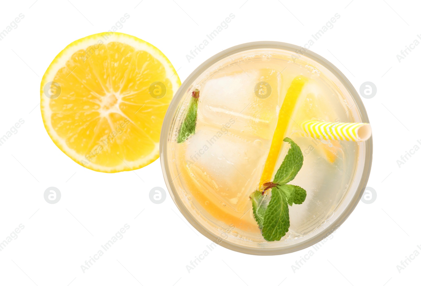 Photo of Cool freshly made lemonade in glass isolated on white, top view