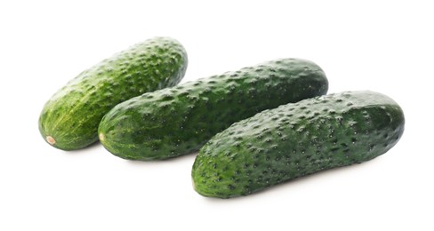 Photo of Whole fresh green cucumbers on white background