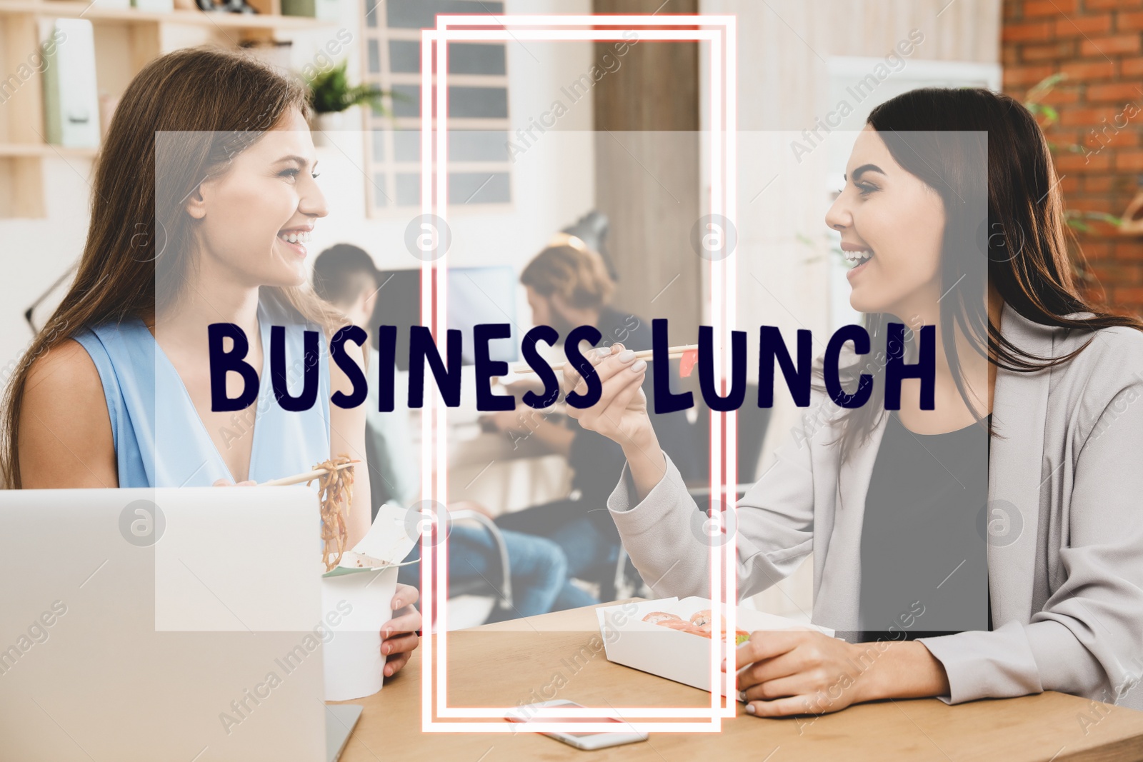 Image of Office employees eating at workplace. Business lunch