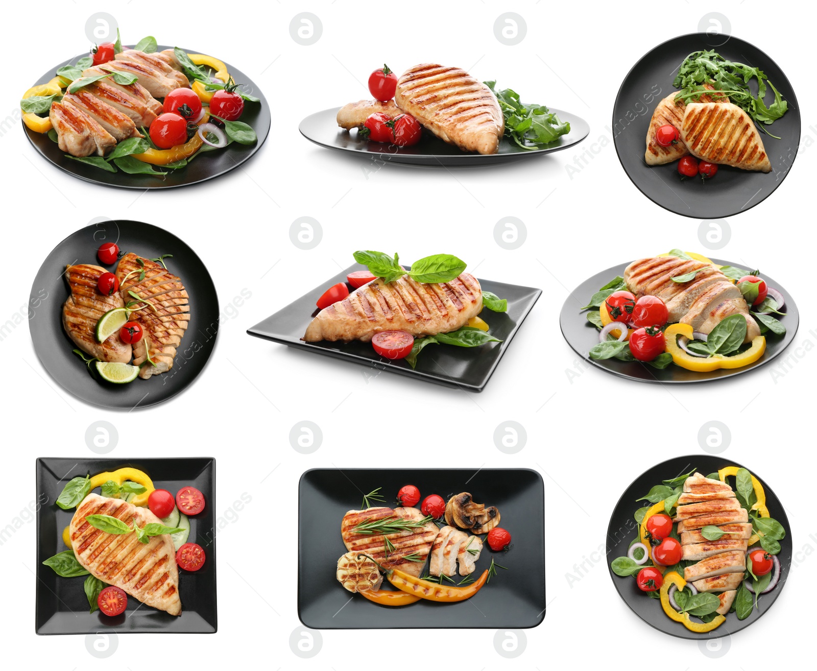 Image of Set of grilled chicken breasts on white background