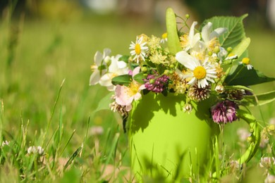 Photo of Green cup with different wildflowers and herbs in meadow on sunny day, closeup. Space for text