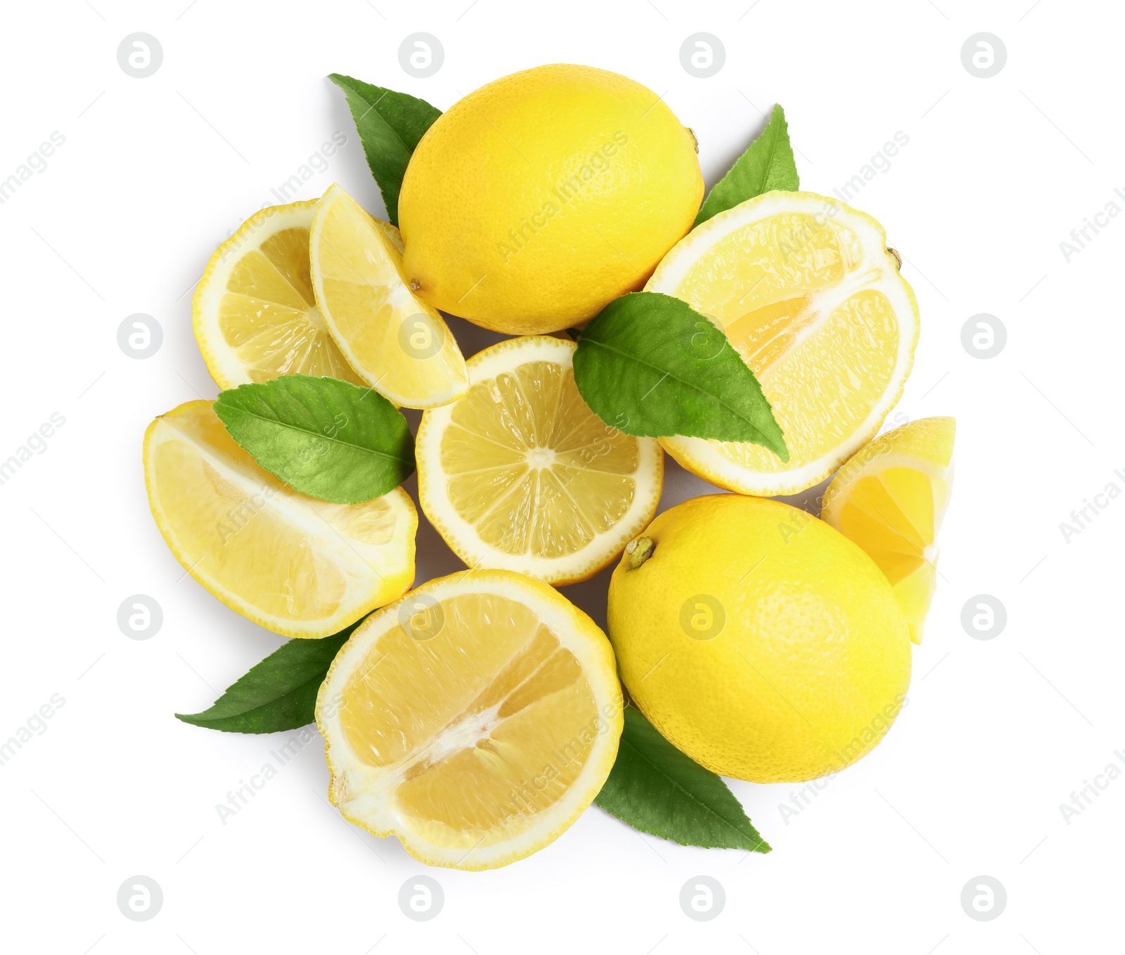 Photo of Fresh ripe lemons with leaves on white background, top view