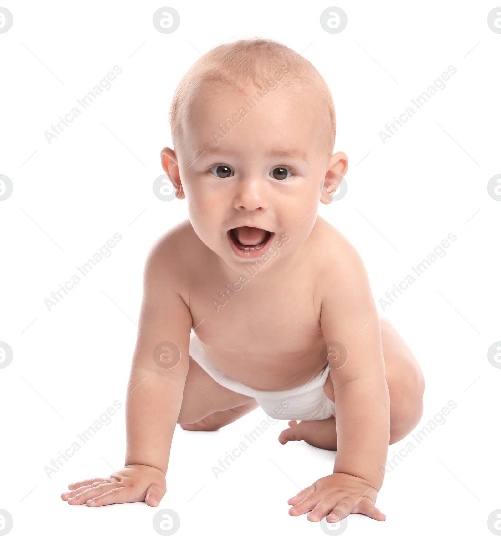 Photo of Cute little baby crawling on white background