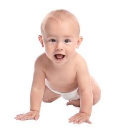 Cute little baby crawling on white background