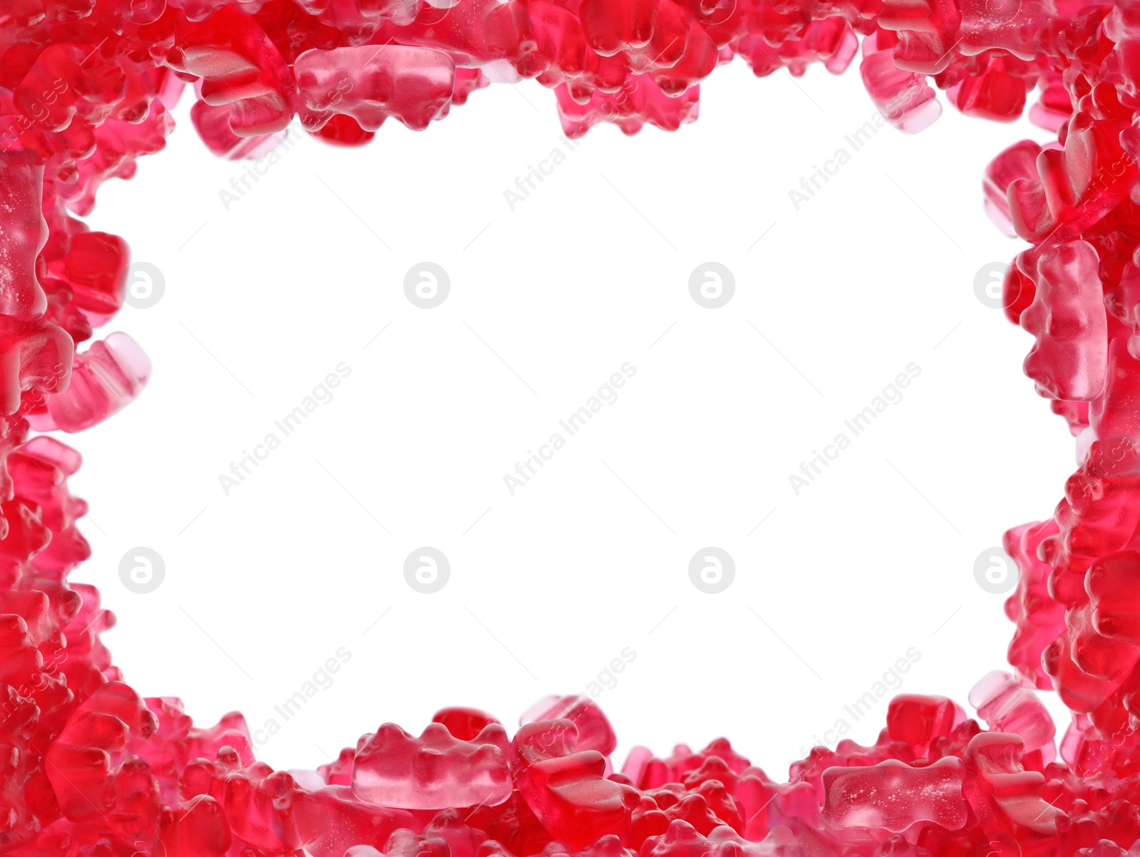 Image of Frame made of delicious jelly bears on white background