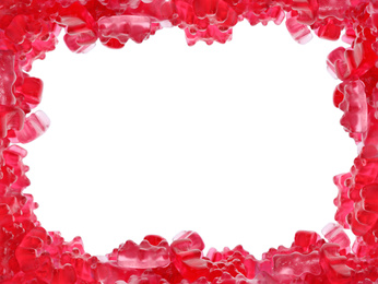 Image of Frame made of delicious jelly bears on white background