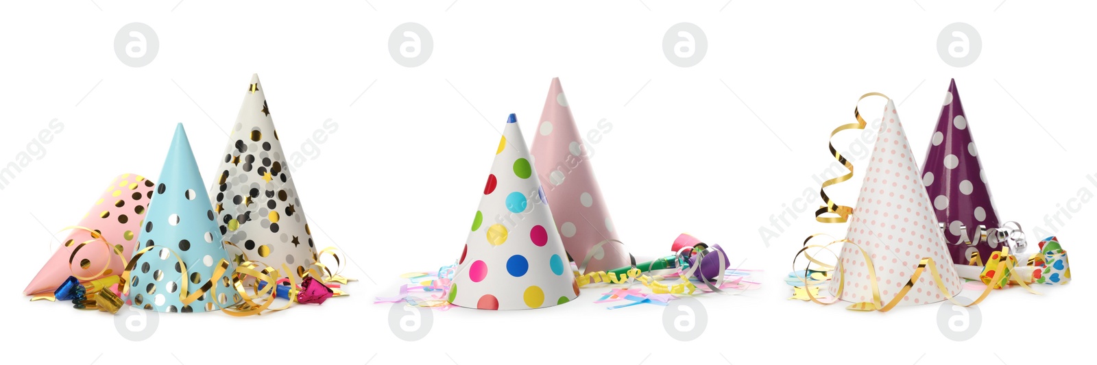 Image of Set with colorful party hats, blowers and streamers on white background. Banner design