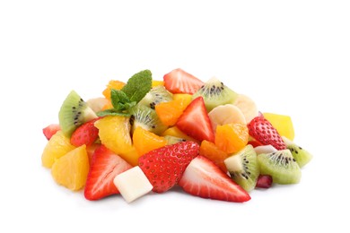 Photo of Pile of delicious fruit salad on white background