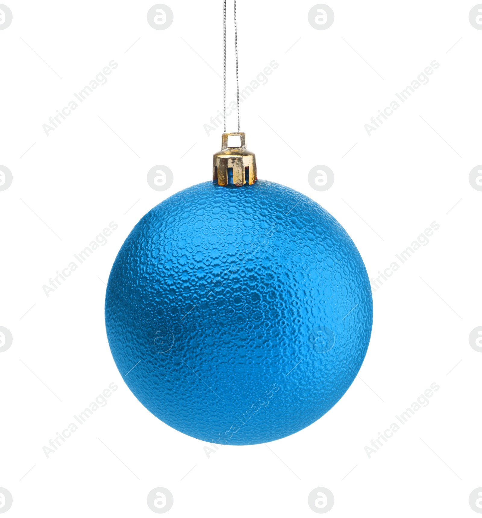 Image of Blue Christmas ball hanging on white background